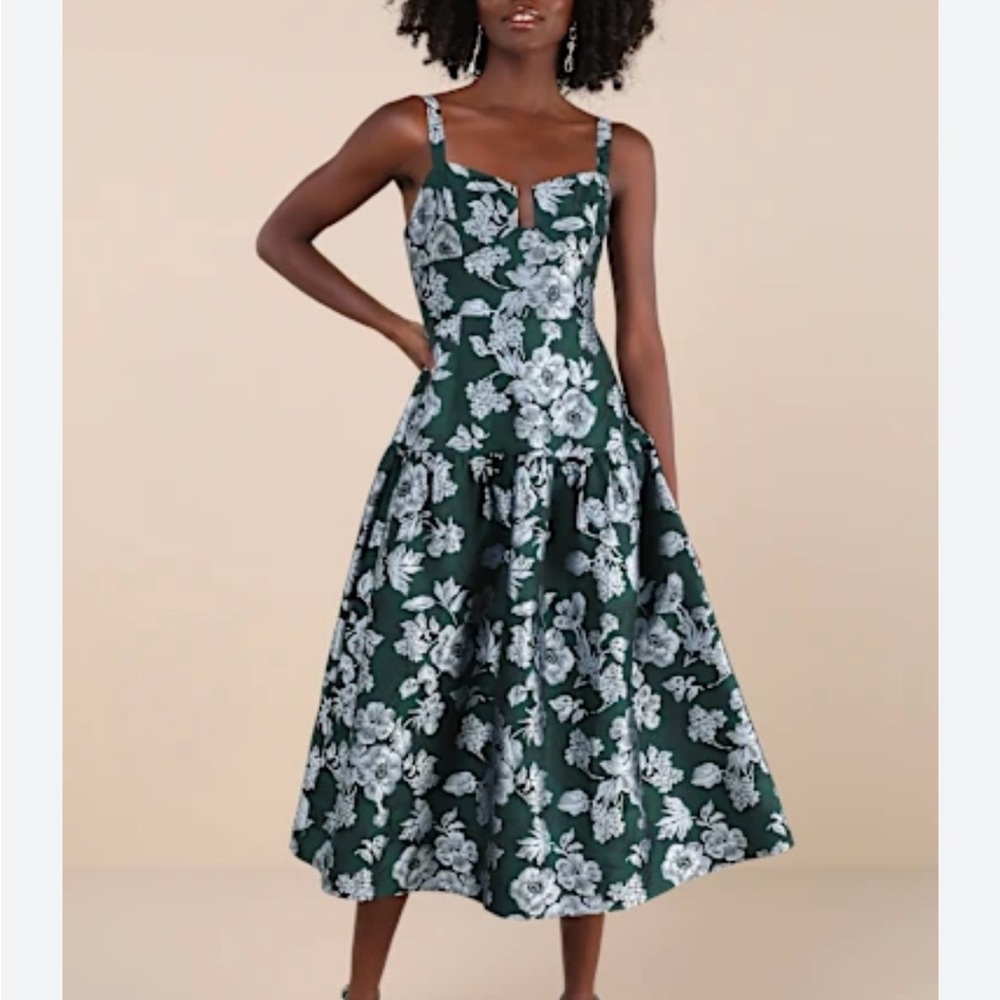 Lulu’s Major Flirtation Emerald Floral Jacquard Drop Waist Midi Dress